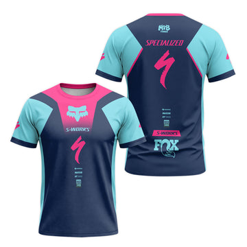 Specialized S-Works Navy Aqua Pink Short Sleeve Mountain Bike Jersey - front and back view