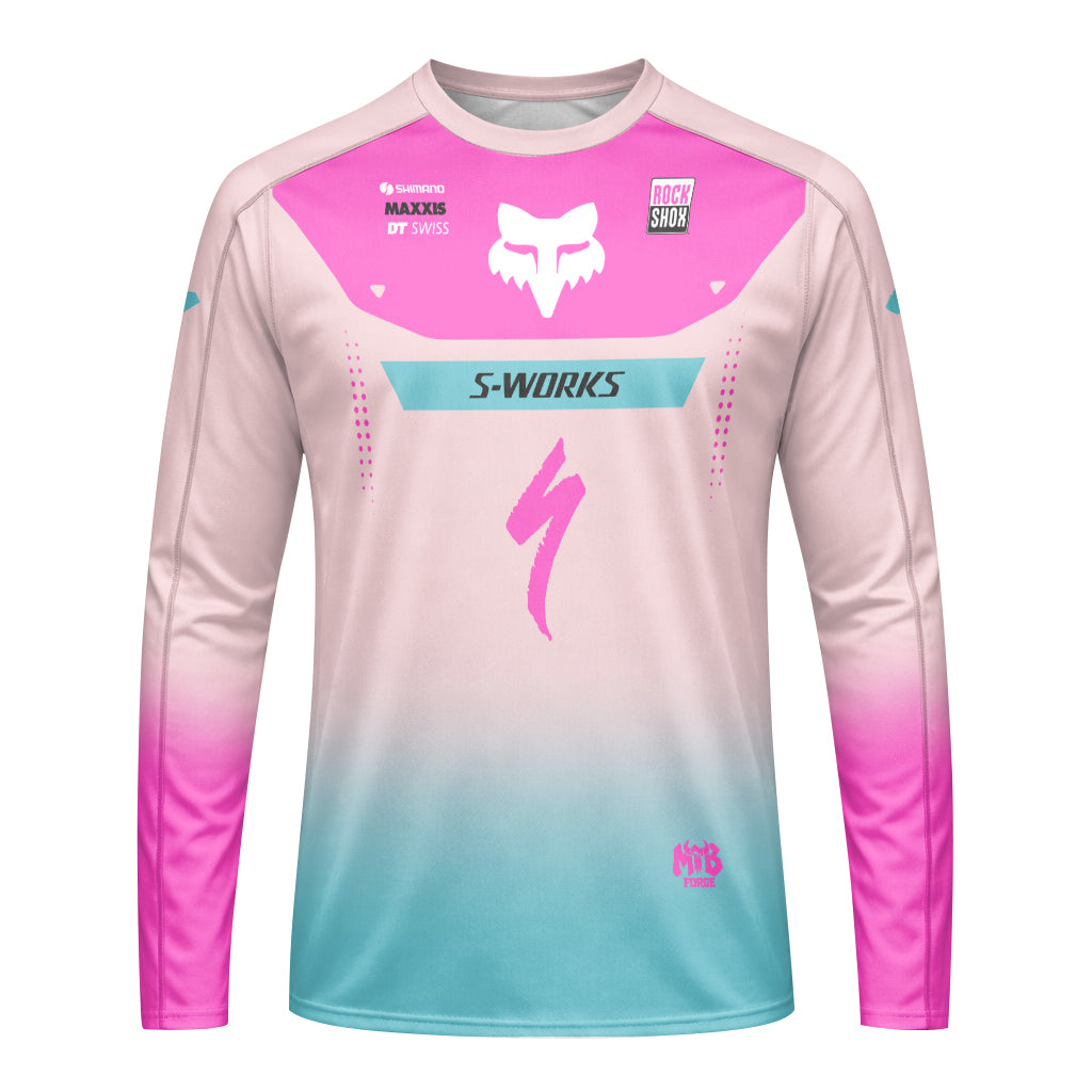Specialized S-Works Pink Aqua Factory Long Sleeve Mountain Bike Jersey - front view mockup