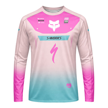 Specialized S-Works Pink Aqua Factory Long Sleeve Mountain Bike Jersey - front view mockup