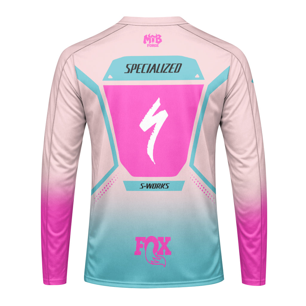 Specialized S-Works Pink Aqua Factory Long Sleeve Mountain Bike Jersey - back view mockup
