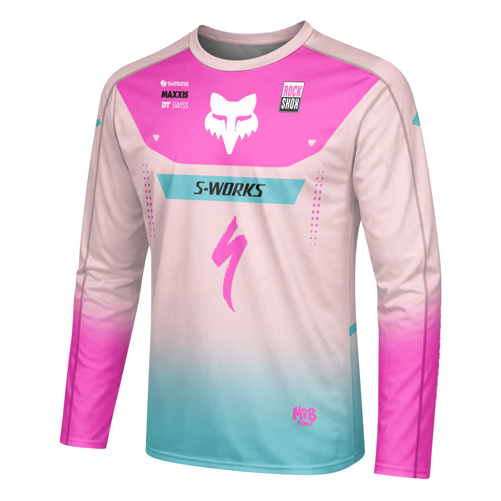 Specialized S-Works Pink Aqua Factory Long Sleeve Mountain Bike Jersey - left side mockup