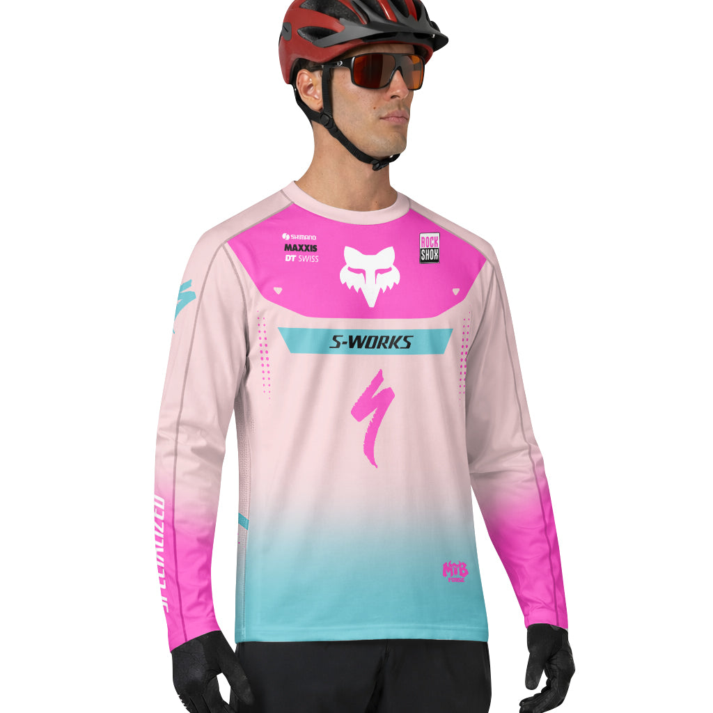 Specialized S-Works Pink Aqua Factory Long Sleeve Mountain Bike Jersey - lifestyle view