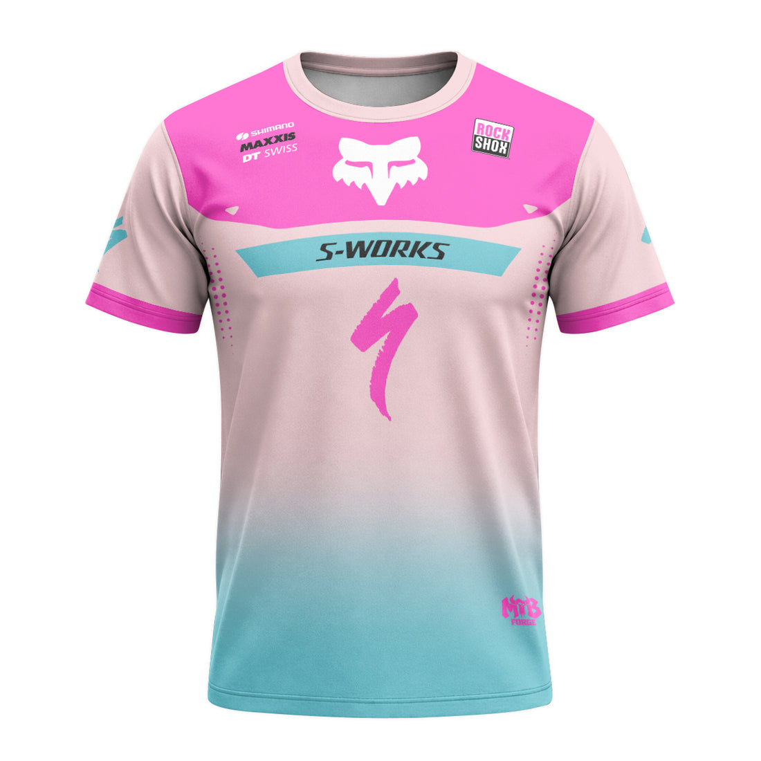 Specialized S-Works Pink Aqua Factory Short Sleeve Mountain Bike Jersey - front and back view