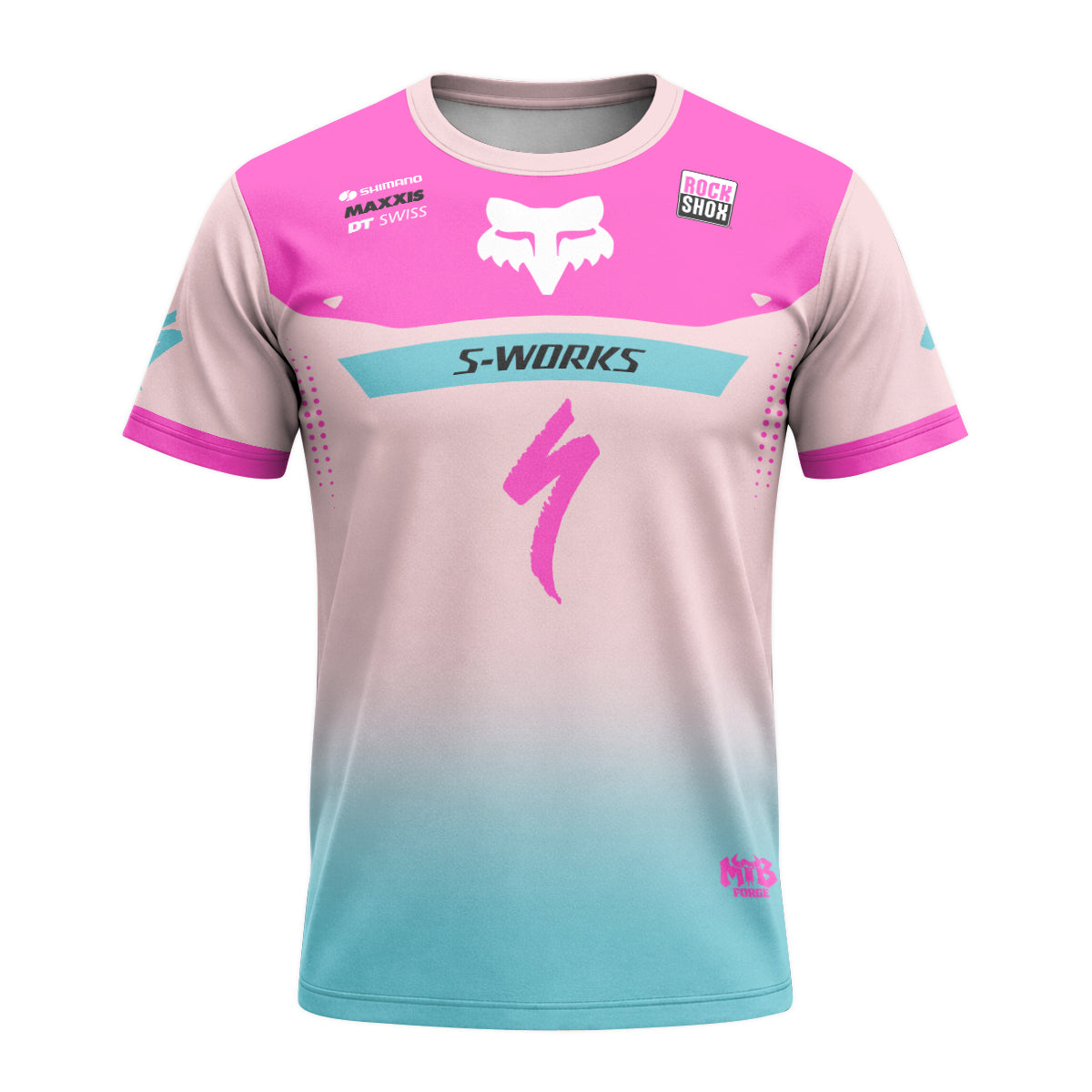 Specialized S-Works Pink Aqua Factory Short Sleeve Mountain Bike Jersey - front view mockup