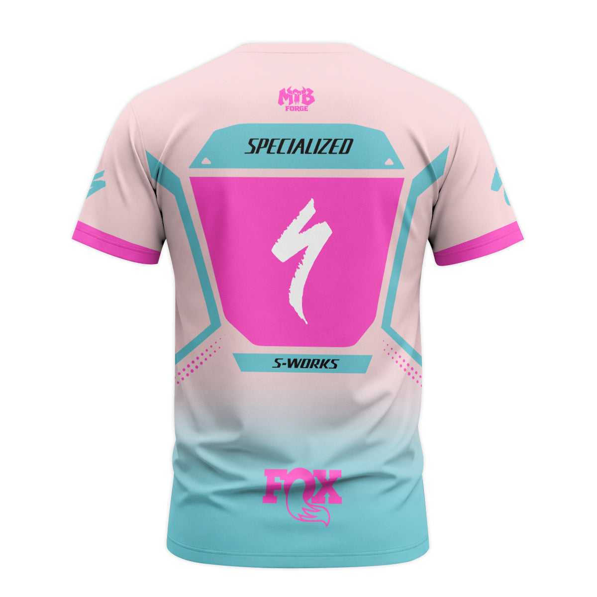 Specialized S-Works Pink Aqua Factory Short Sleeve Mountain Bike Jersey - back view mockup