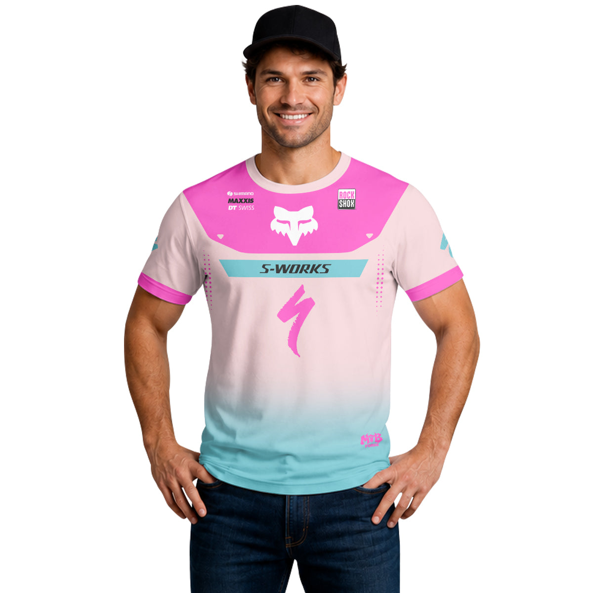 Specialized S-Works Pink Aqua Factory Short Sleeve Mountain Bike Jersey - lifestyle view