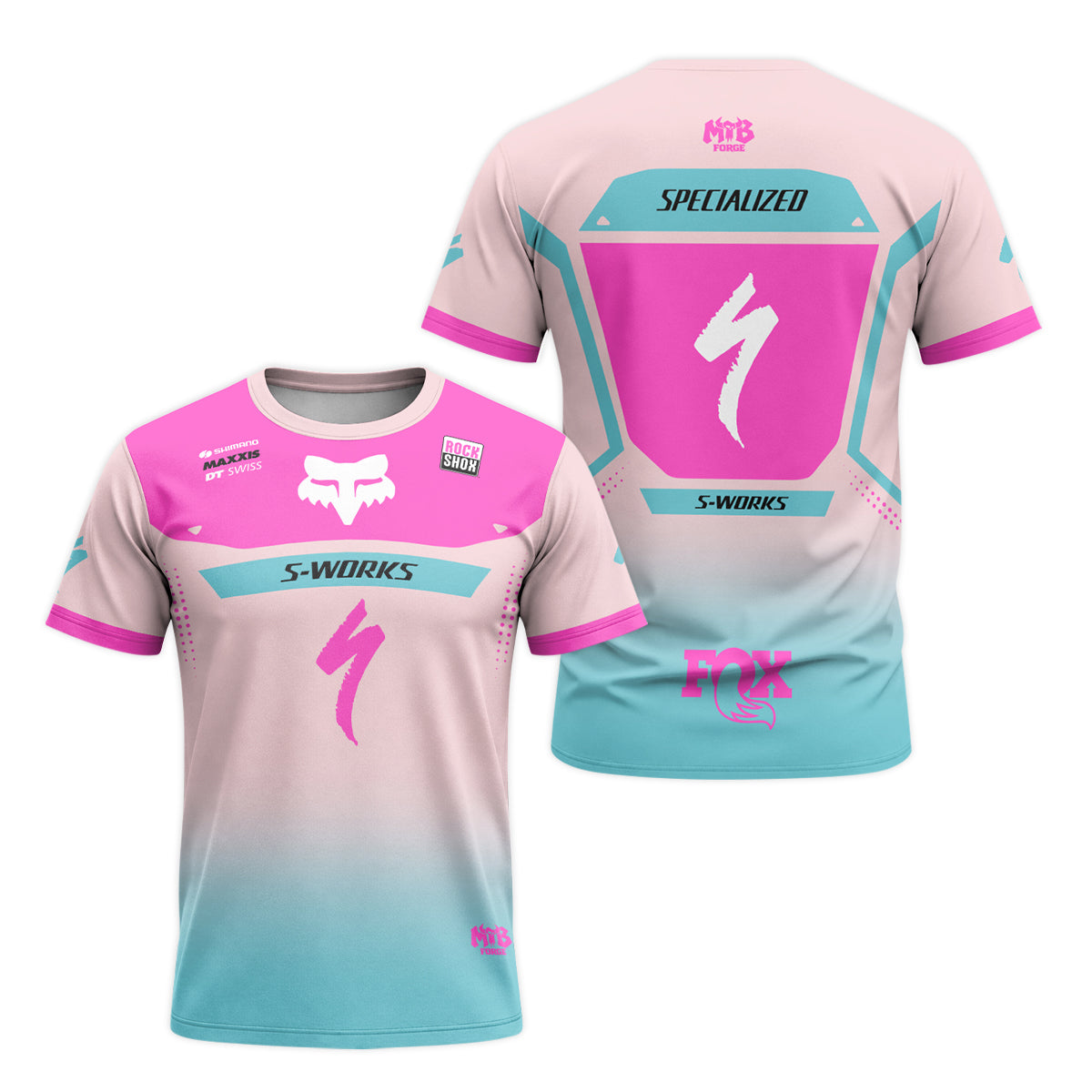 Specialized S-Works Pink Aqua Factory Short Sleeve Mountain Bike Jersey - front and back view