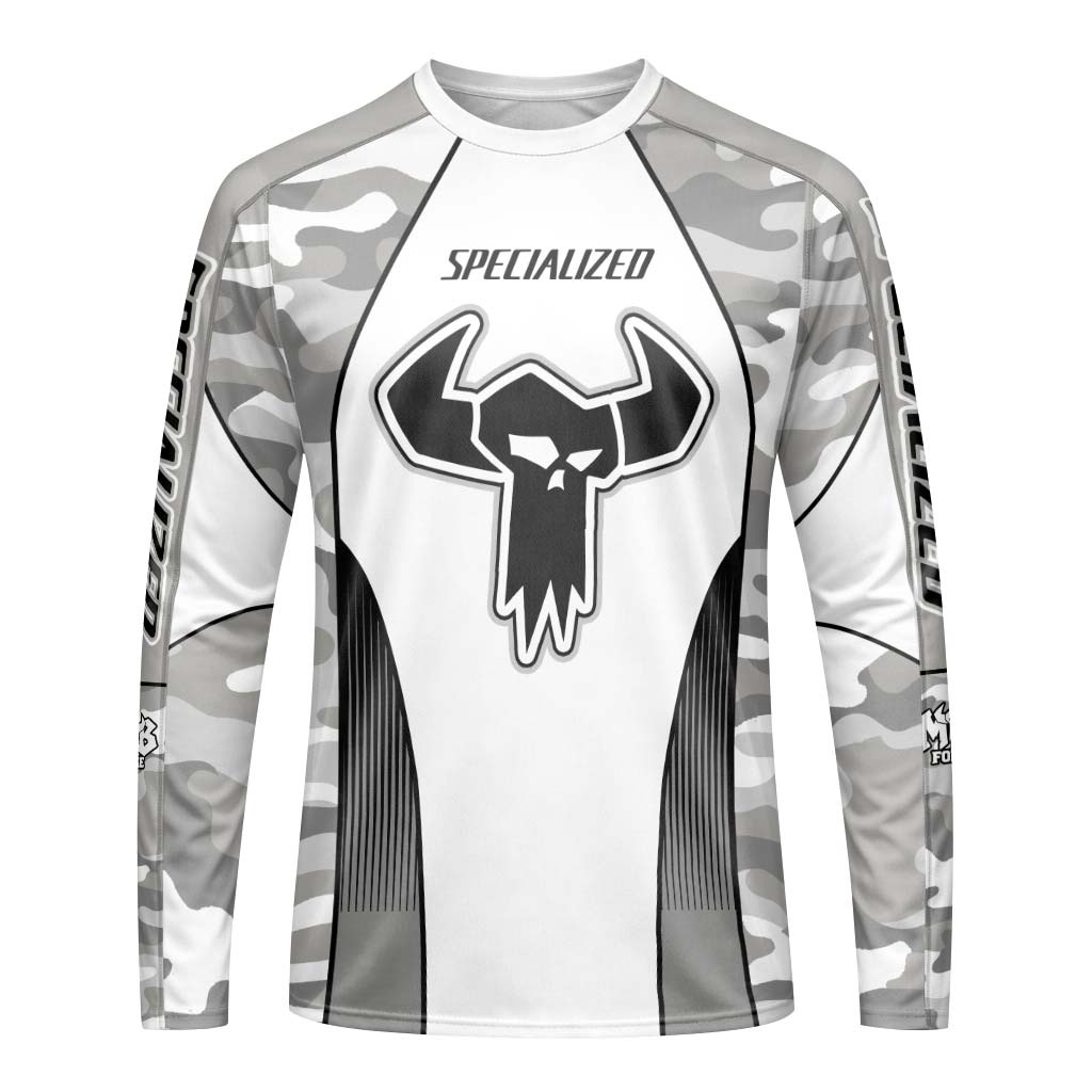 Specialized S-Works White Gray Camo Long Sleeve Mountain Bike Jersey – Front View Mockup