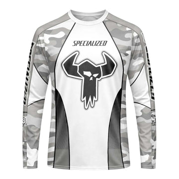 Specialized S-Works White Gray Camo Long Sleeve Mountain Bike Jersey – Front View Mockup