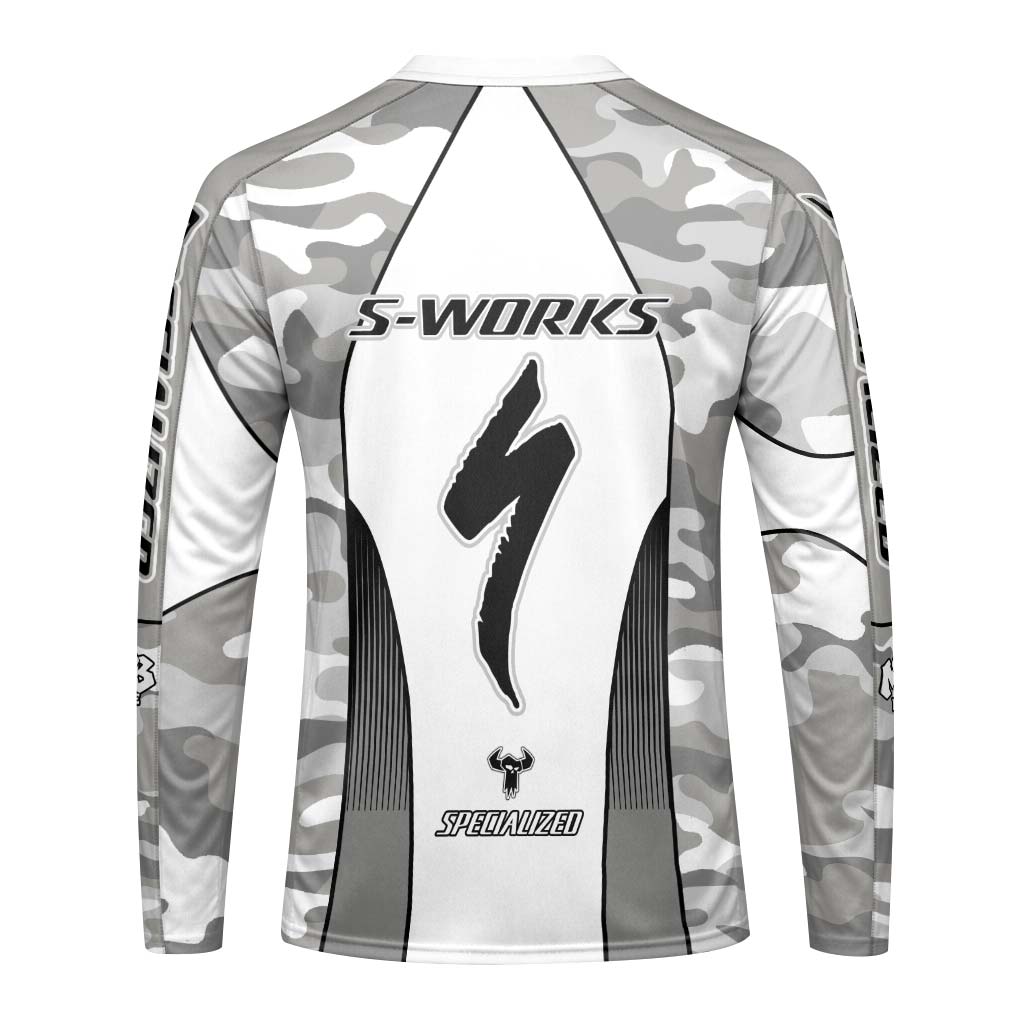 Specialized S-Works White Gray Camo Long Sleeve Mountain Bike Jersey – Back View Mockup