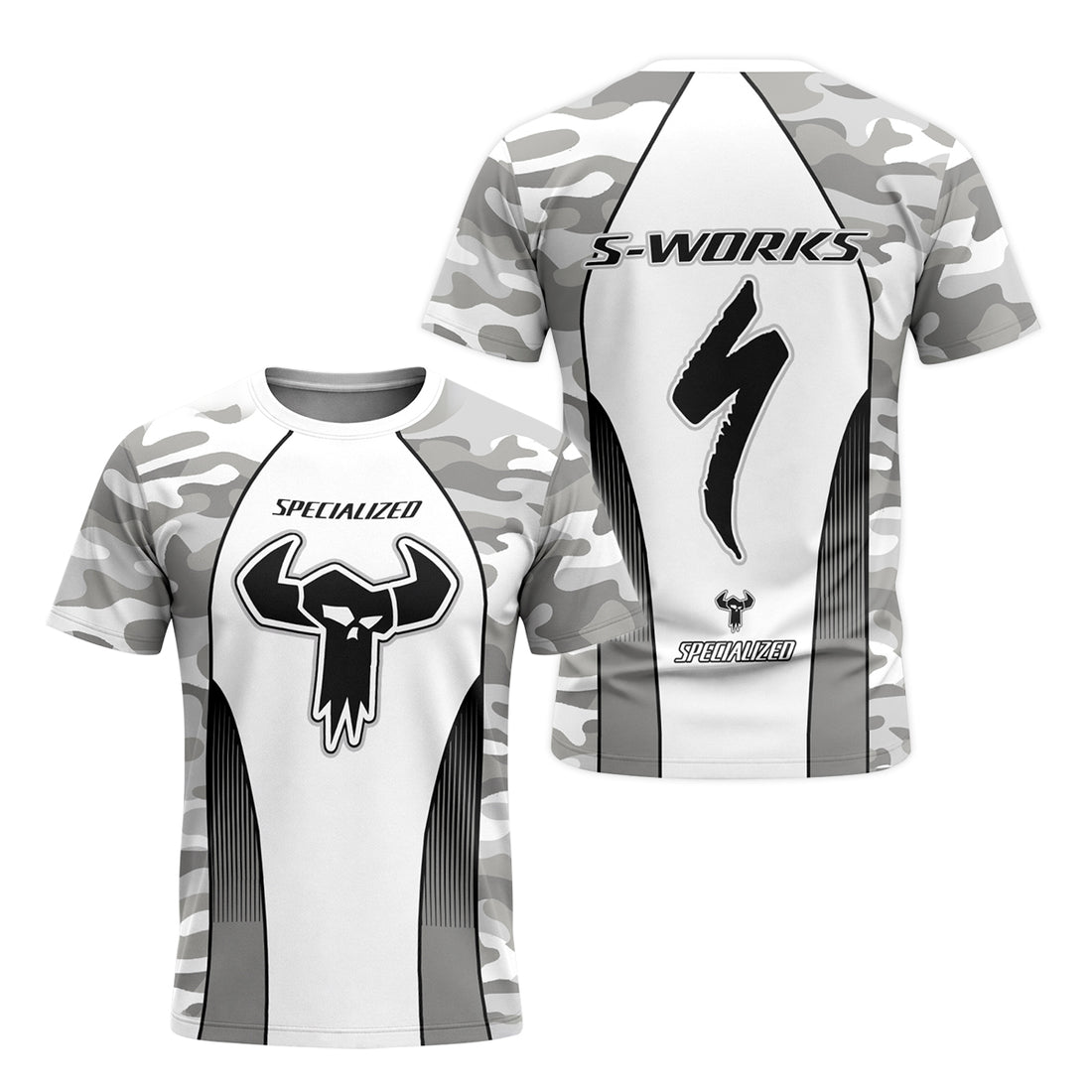Specialized S-Works White Gray Camo Short Sleeve Mountain Bike Jersey – Front and Back View