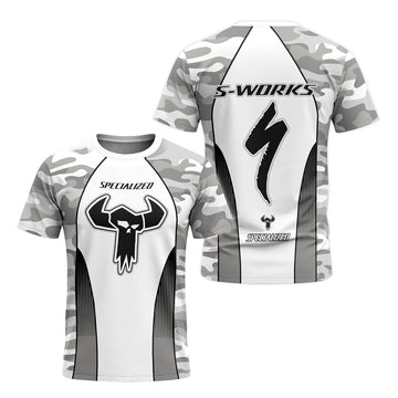 Specialized S-Works White Gray Camo Short Sleeve Mountain Bike Jersey – Front and Back View