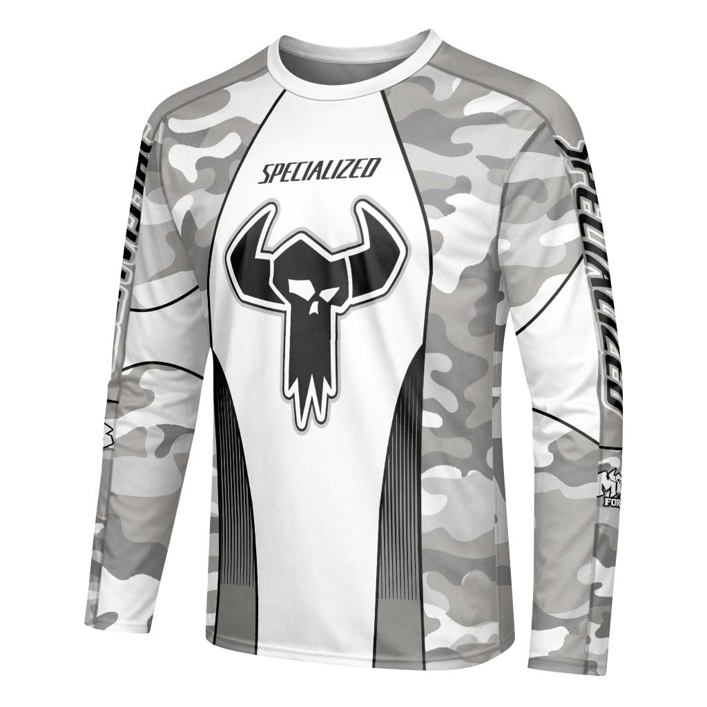 Specialized S-Works White Gray Camo Youth Long Sleeve Mountain Bike Jersey – Left Side View Mockup