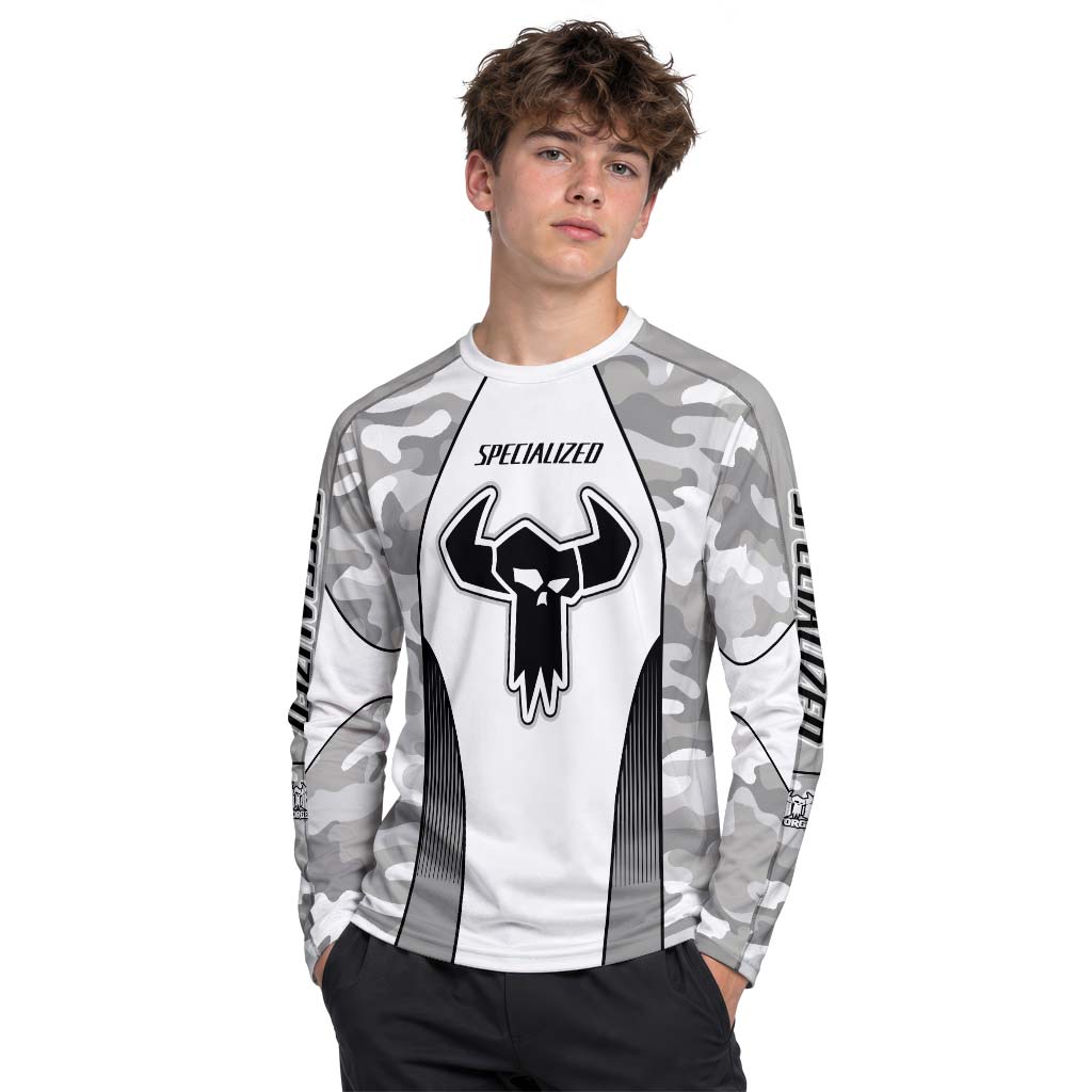 Specialized S-Works White Gray Camo Youth Long Sleeve Mountain Bike Jersey – Boy Lifestyle View