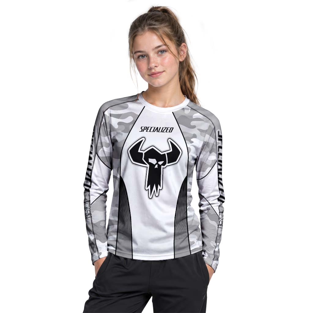 Specialized S-Works White Gray Camo Youth Long Sleeve Mountain Bike Jersey – Girl Lifestyle View