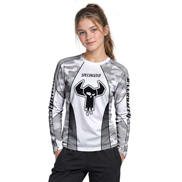 Specialized S-Works White Gray Camo Youth Long Sleeve Mountain Bike Jersey – Girl Lifestyle View