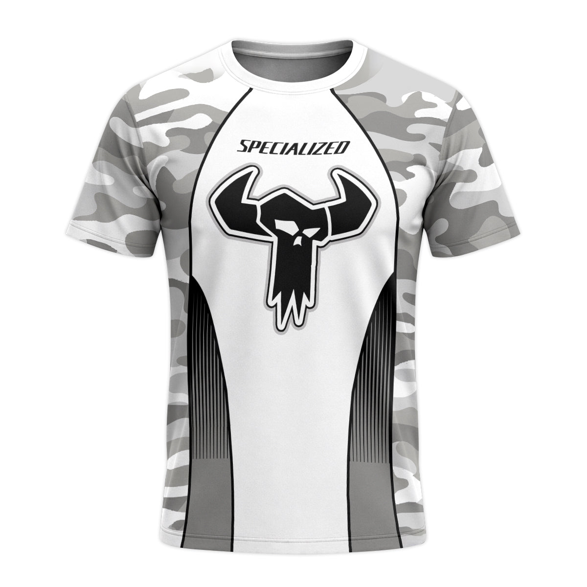 Specialized S-Works White Gray Camo Youth Short Sleeve Mountain Bike Jersey – Front View Mockup