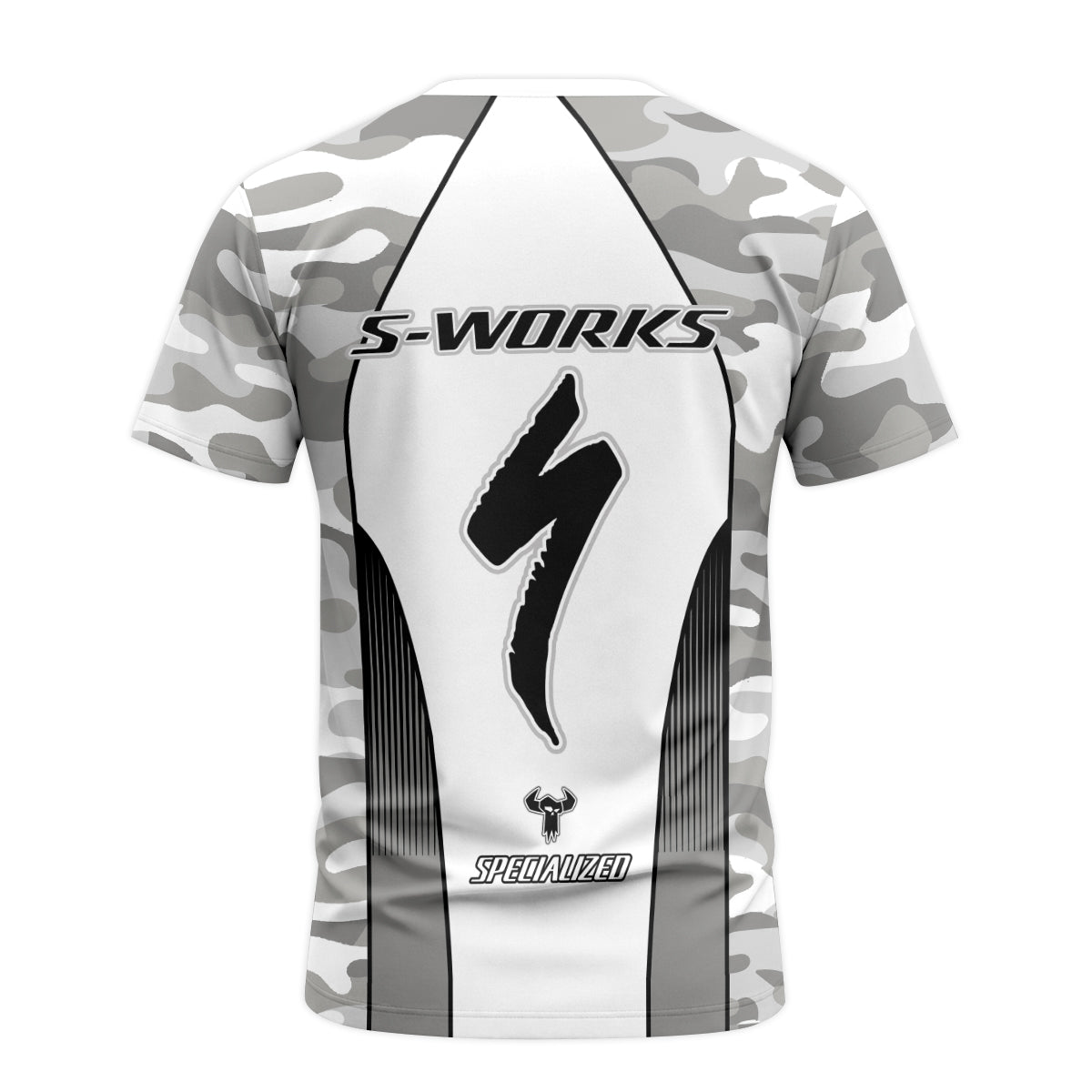 Specialized S-Works White Gray Camo Youth Short Sleeve Mountain Bike Jersey – Back View Mockup