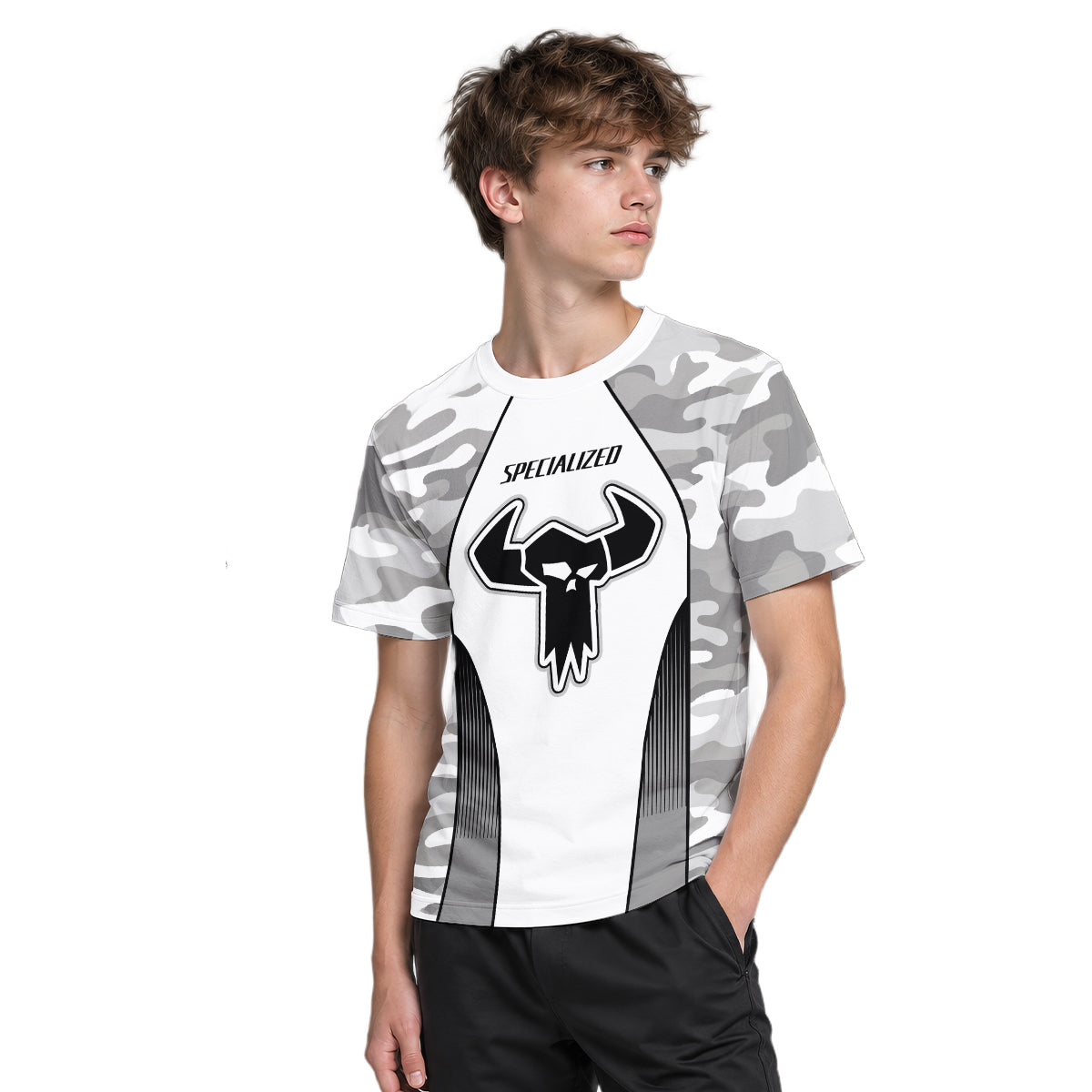 Specialized S-Works White Gray Camo Youth Short Sleeve Mountain Bike Jersey – Boy Lifestyle View