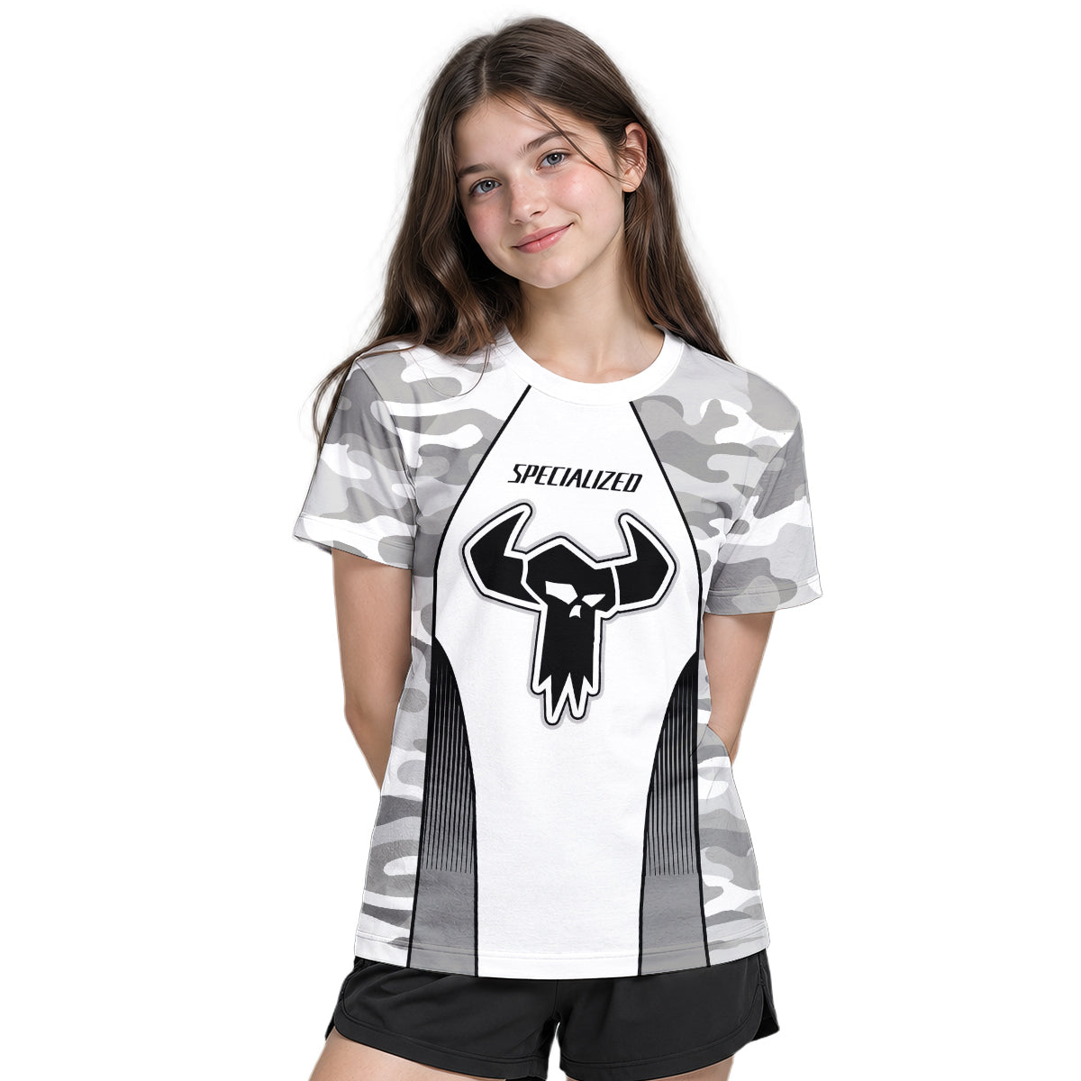 Specialized S-Works White Gray Camo Youth Short Sleeve Mountain Bike Jersey – Girl Lifestyle View