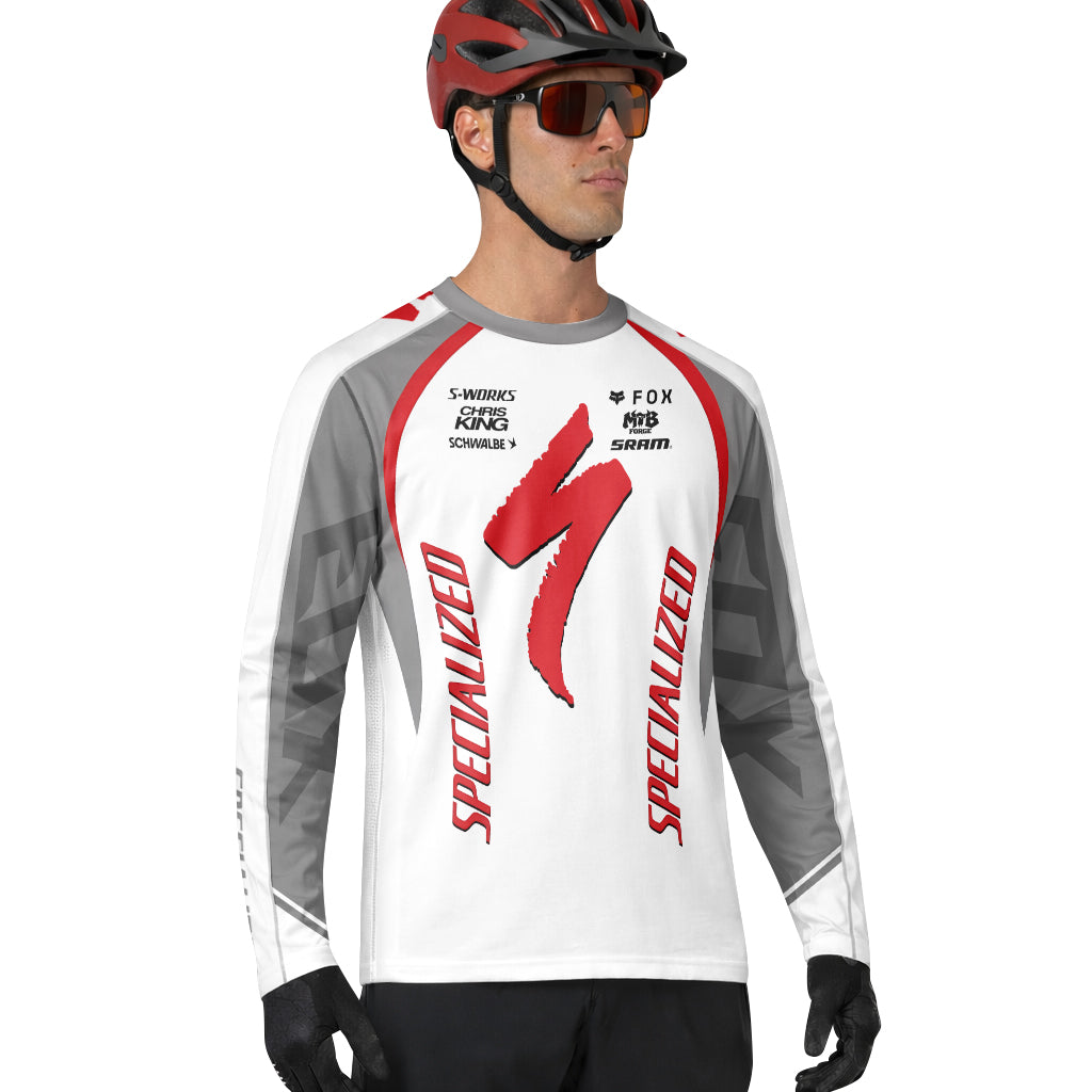 Specialized S-Works White Red Long Sleeve Mountain Bike Jersey - lifestyle view