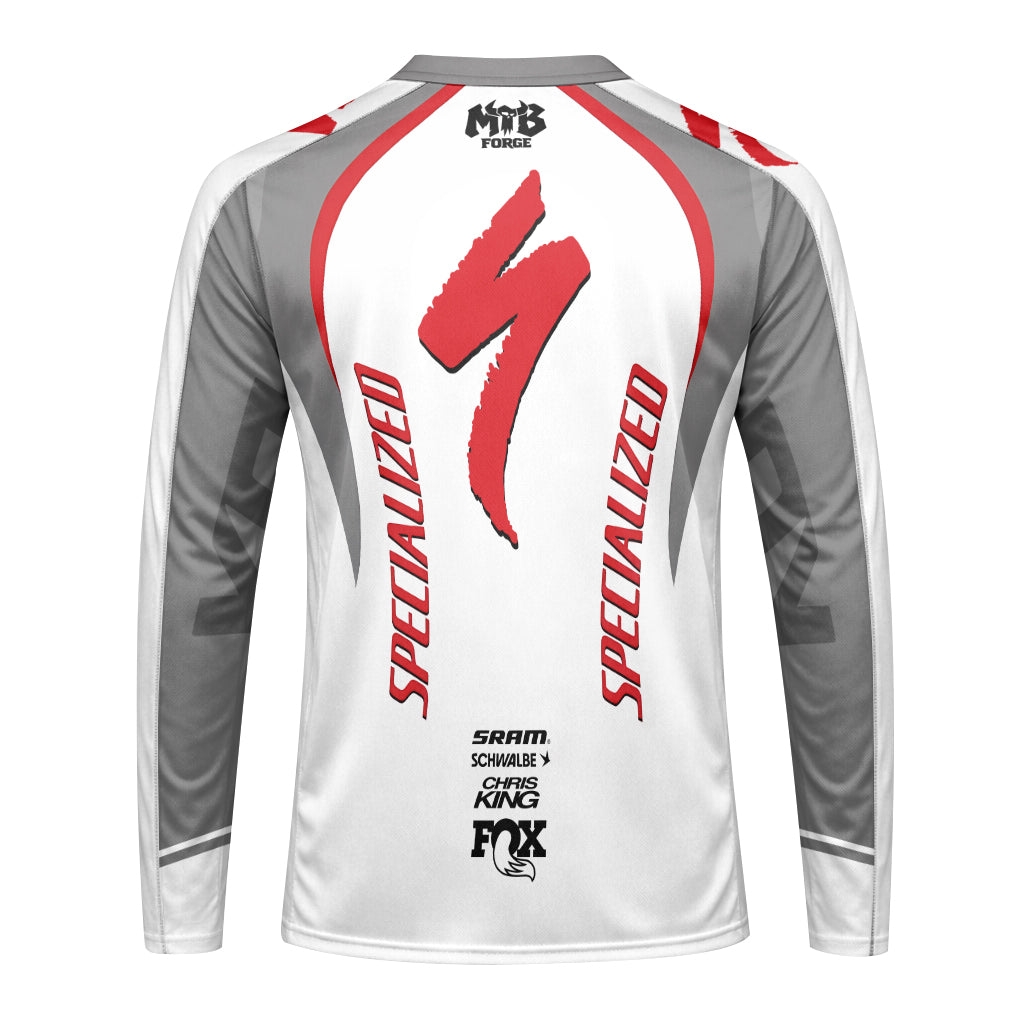 Specialized S-Works White Red Long Sleeve Mountain Bike Jersey - front view mockup