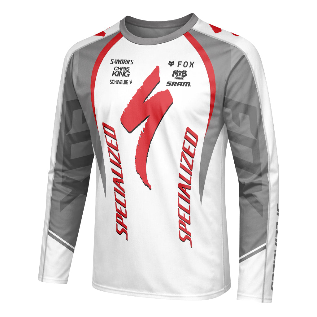 Specialized S-Works White Red Long Sleeve Mountain Bike Jersey - left side mockup