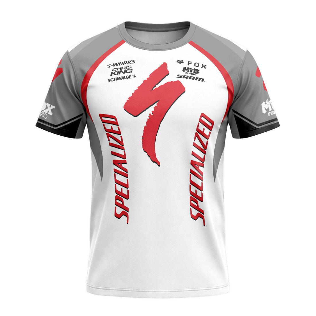 Specialized S-Works White Red Short Sleeve Mountain Bike Jersey - front and back view