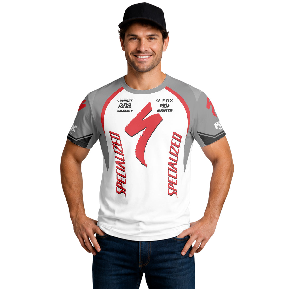 Specialized S-Works White Red Short Sleeve Mountain Bike Jersey - lifestyle view