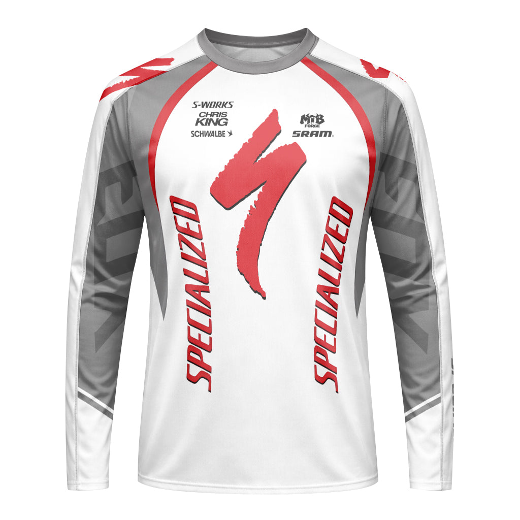 Specialized S-Works White Red Youth Long Sleeve Mountain Bike Jersey – Front View Mockup