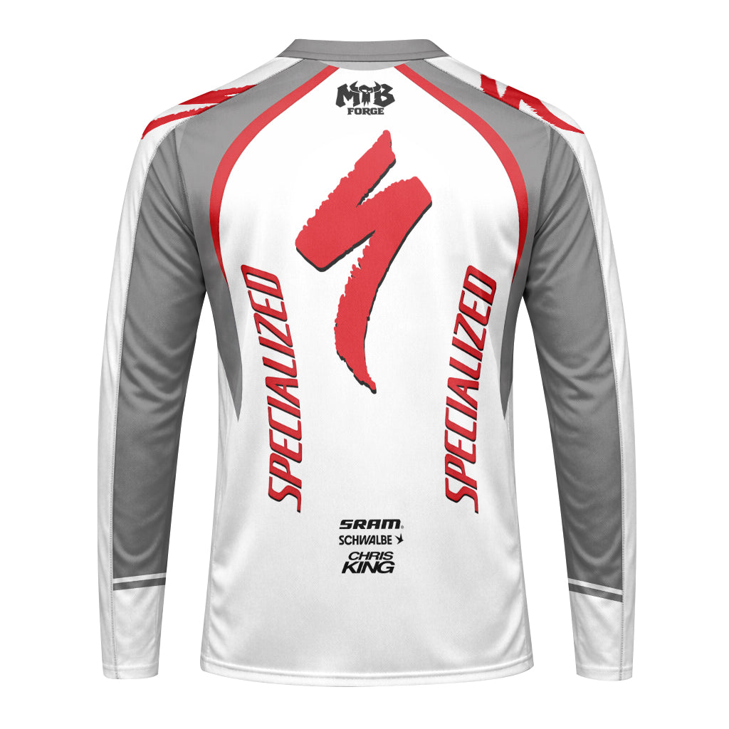 Specialized S-Works White Red Youth Long Sleeve Mountain Bike Jersey – Back View Mockup