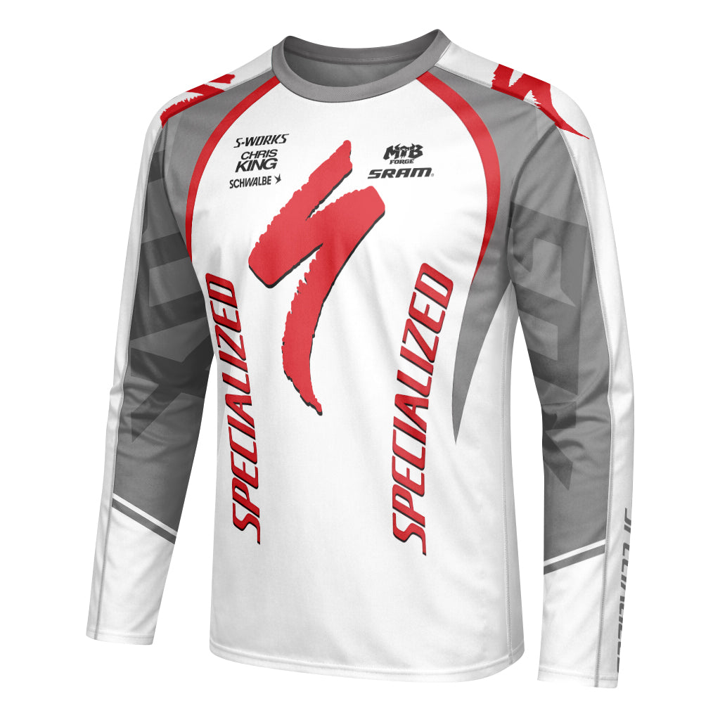 Specialized S-Works White Red Youth Long Sleeve Mountain Bike Jersey – Left Side View Mockup