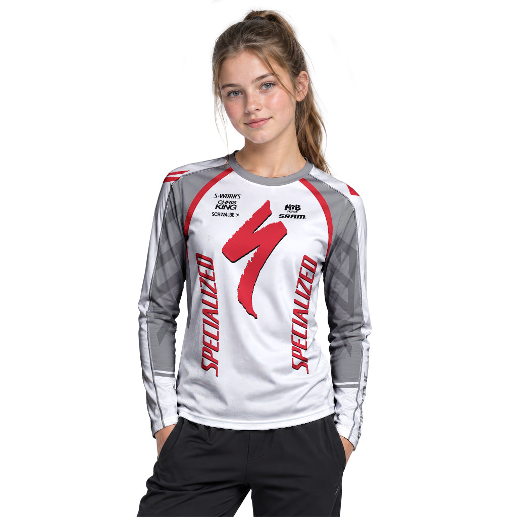 Specialized S-Works White Red Youth Long Sleeve Mountain Bike Jersey – Girl Lifestyle View