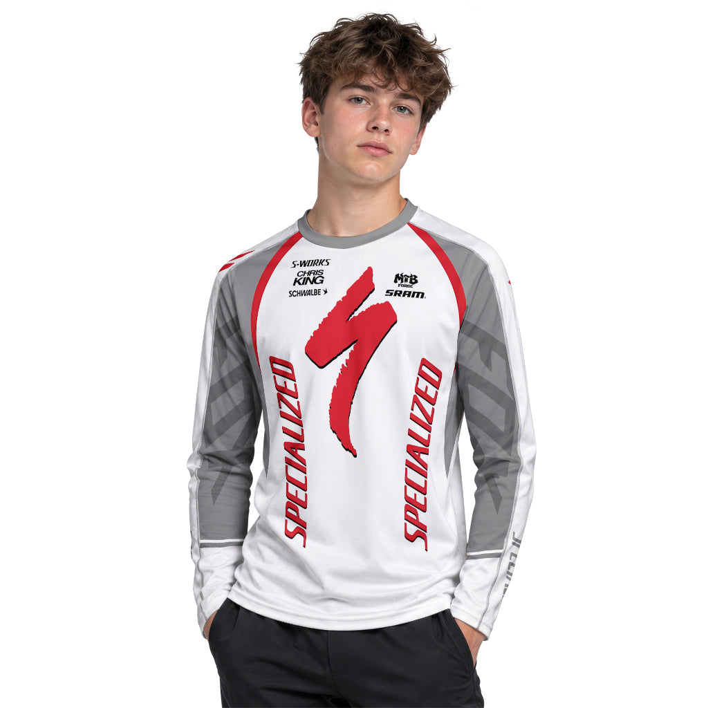 Specialized S-Works White Red Youth Long Sleeve Mountain Bike Jersey – Boy Lifestyle View