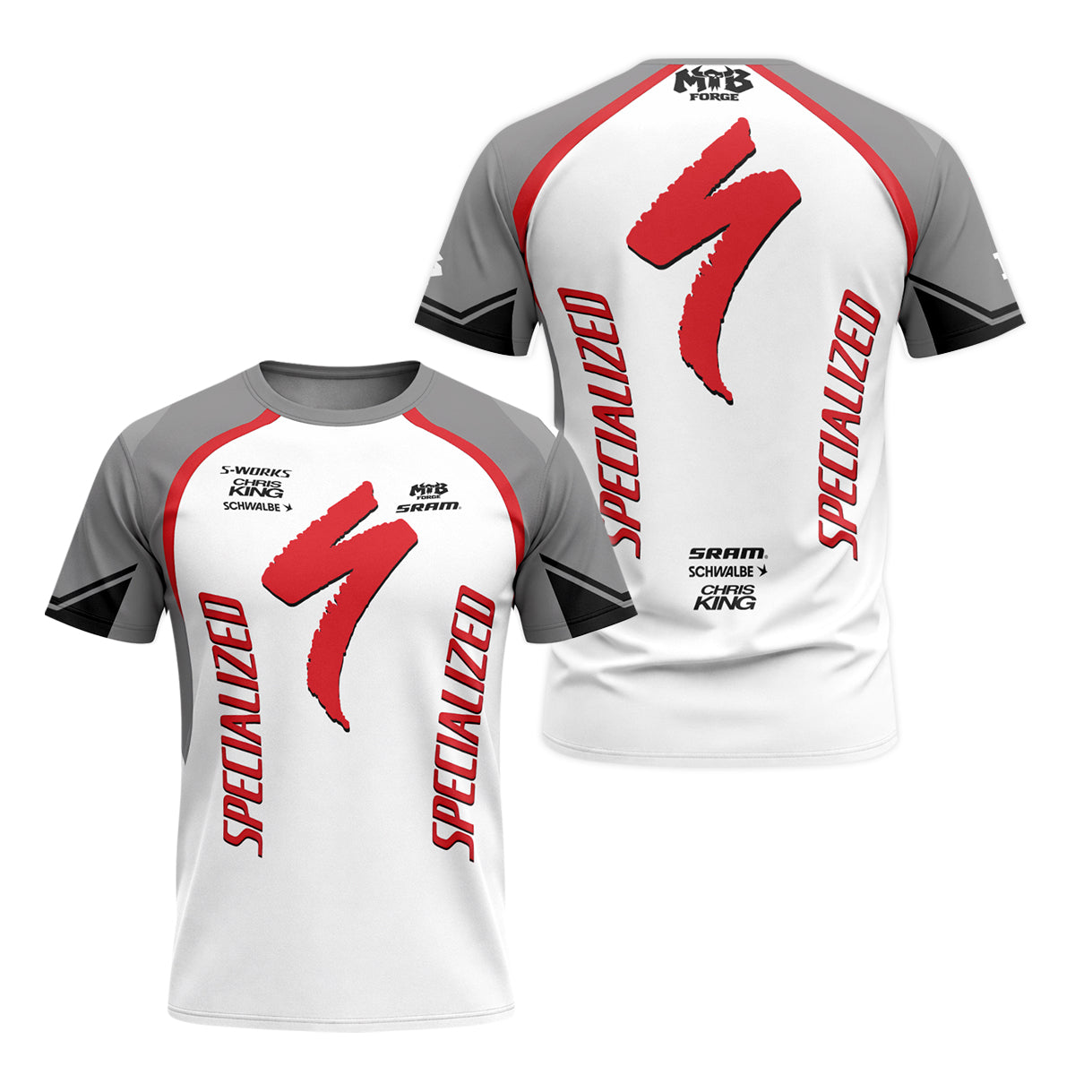 Specialized S-Works White Red Youth Short Sleeve Mountain Bike Jersey – Front and Back View