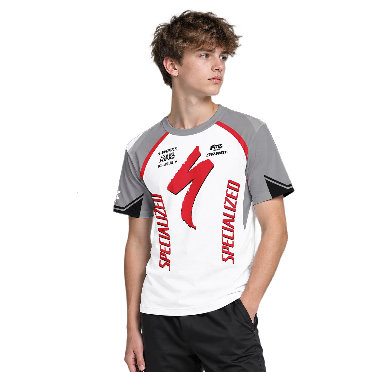 Specialized S-Works White Red Youth Short Sleeve Mountain Bike Jersey – Boy Lifestyle View