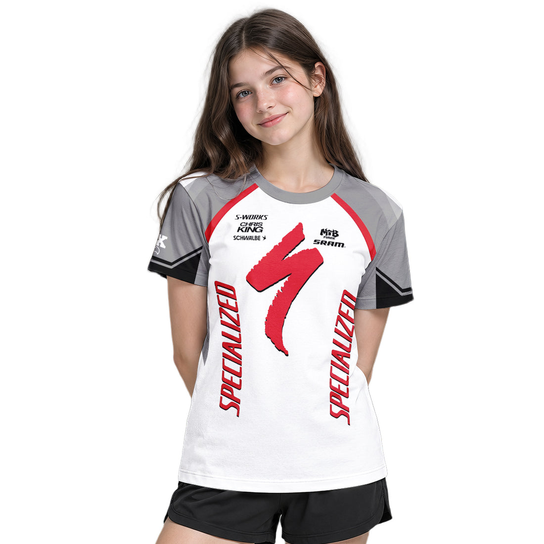Specialized S-Works White Red Youth Short Sleeve Mountain Bike Jersey – Boy Lifestyle View