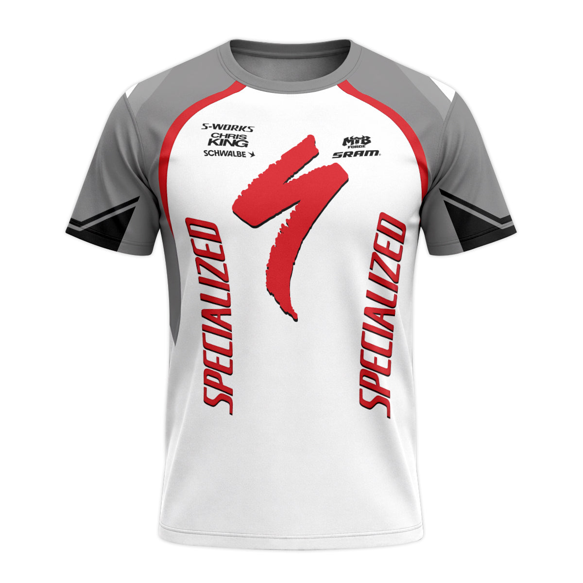 Specialized S-Works White Red Youth Short Sleeve Mountain Bike Jersey – Front View Mockup