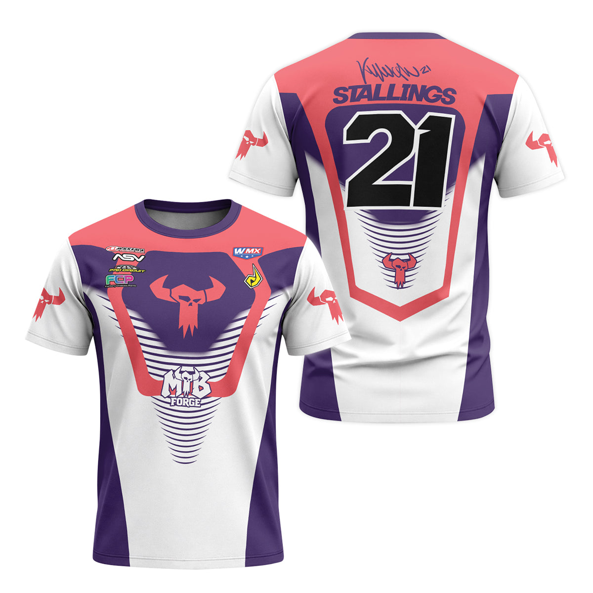 Stallings 21 Purple Coral White Short Sleeve Motocross Jersey – Front and Back View