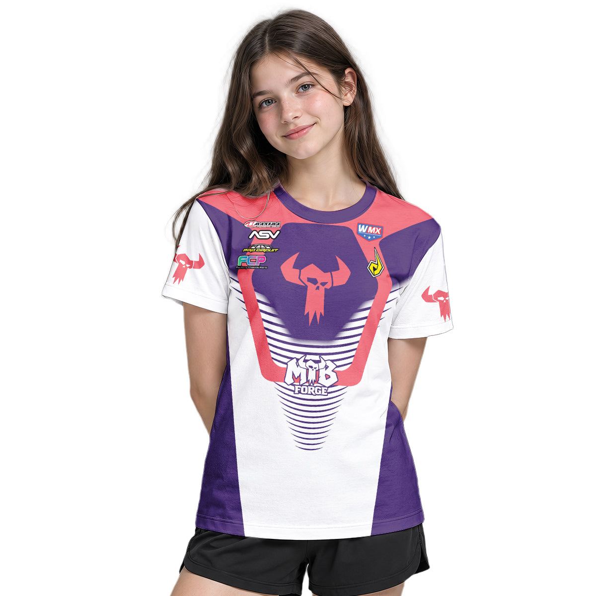 Stallings 21 Purple Coral White Youth Short Sleeve Motocross Jersey – Girl Lifestyle View