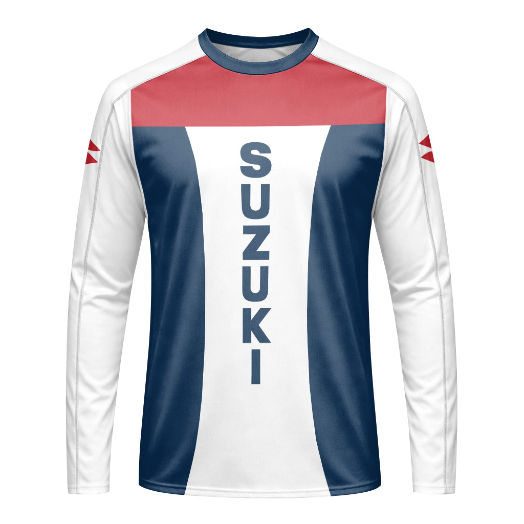 Suzuki Blue White Red Factory Racing Long Sleeve Motocross Jersey – Front View Mockup