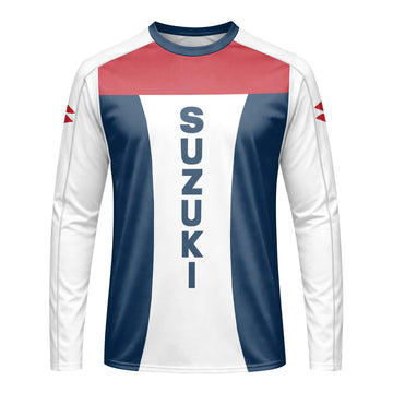 Suzuki Blue White Red Factory Racing Long Sleeve Motocross Jersey – Front View Mockup