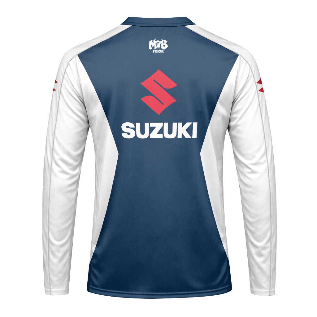 Suzuki Blue White Red Factory Racing Long Sleeve Motocross Jersey – Back View Mockup