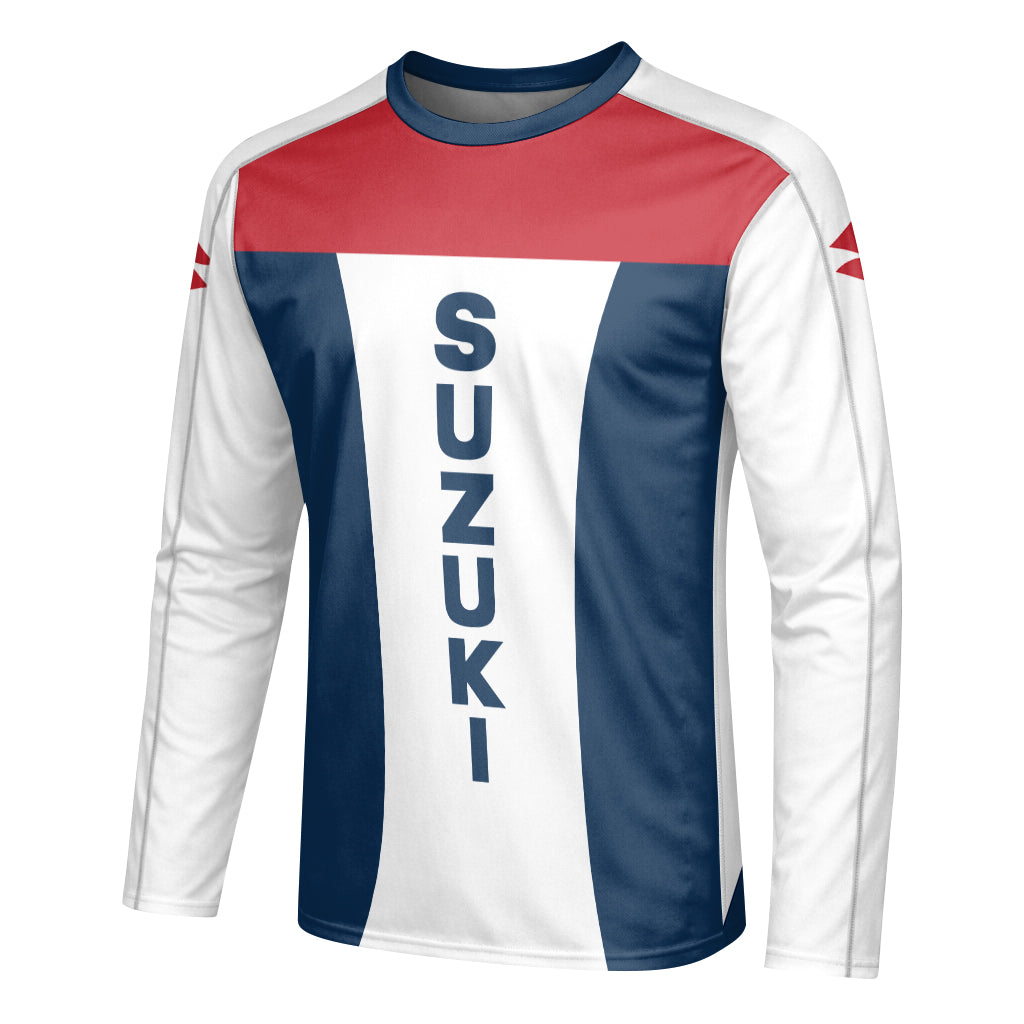 Suzuki Blue White Red Factory Racing Long Sleeve Motocross Jersey – Left Side View Mockup