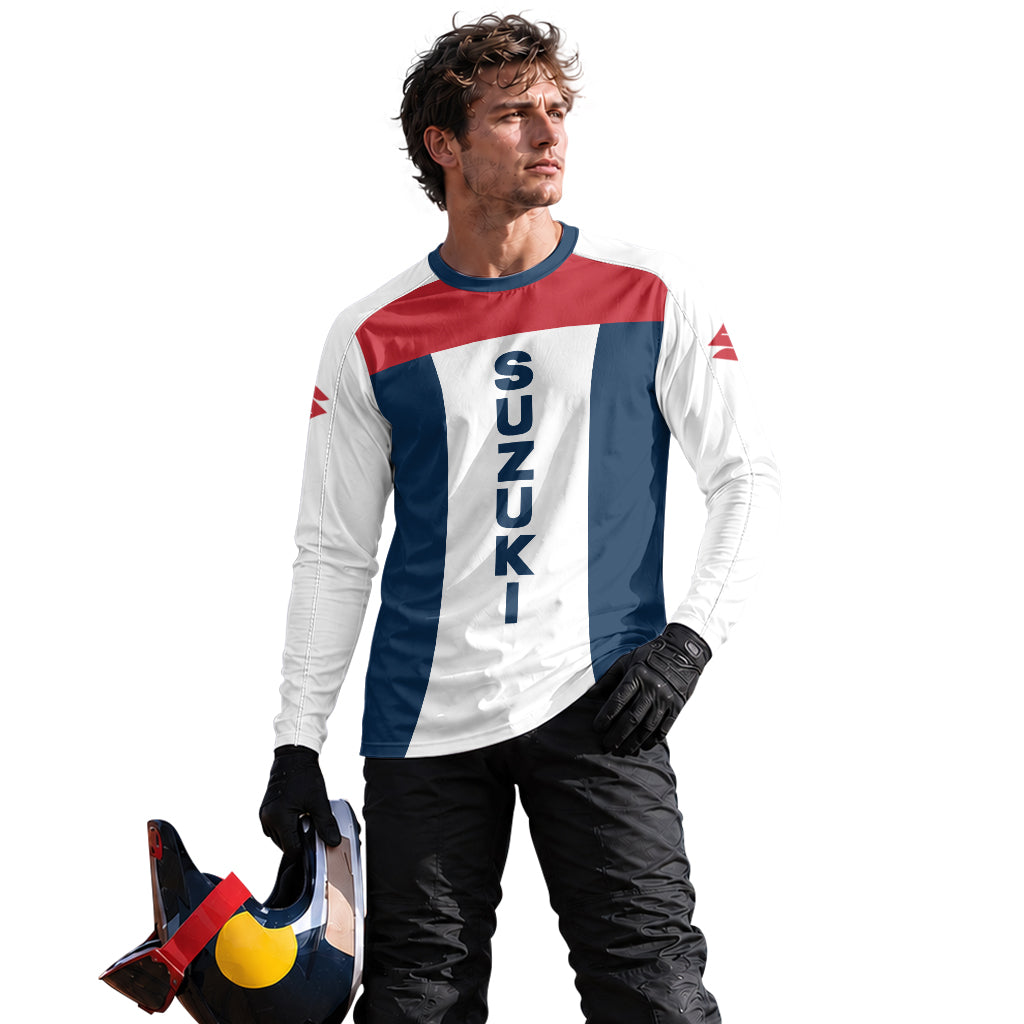 Suzuki Blue White Red Factory Racing Long Sleeve Motocross Jersey – Lifestyle View