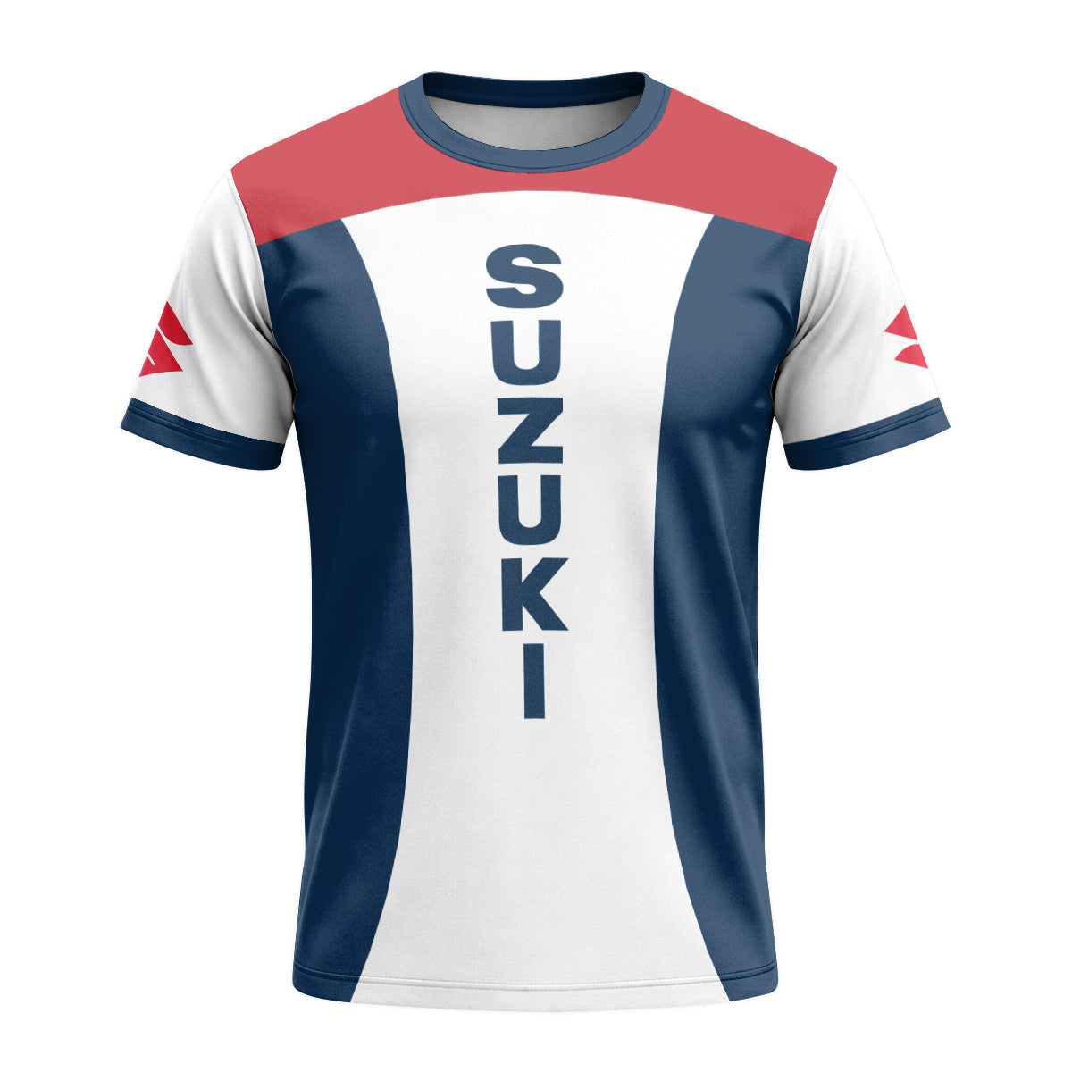 Suzuki Blue White Red Factory Racing Short Sleeve Motocross Jersey – Front View Mockup