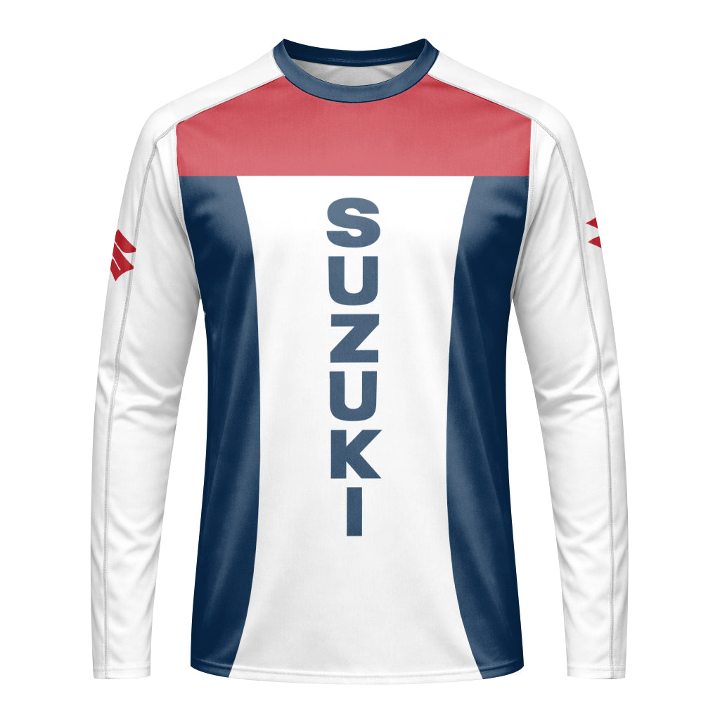 Suzuki Blue White Red Factory Racing Youth Long Sleeve Motocross Jersey – Front View Mockup