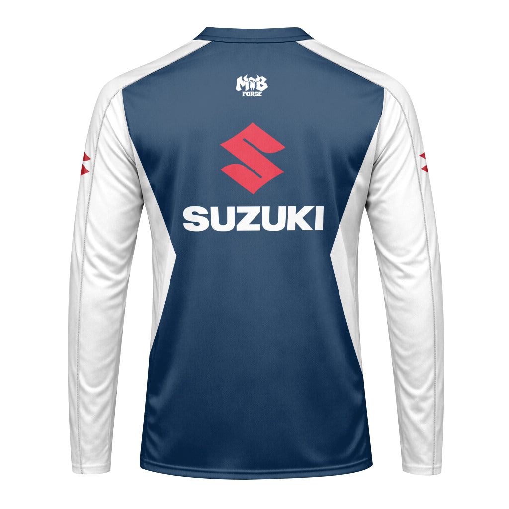 Suzuki Blue White Red Factory Racing Youth Long Sleeve Motocross Jersey – Back View Mockup
