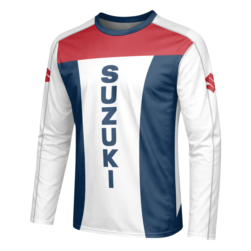 Suzuki Blue White Red Factory Racing Youth Long Sleeve Motocross Jersey – Left Side View Mockup