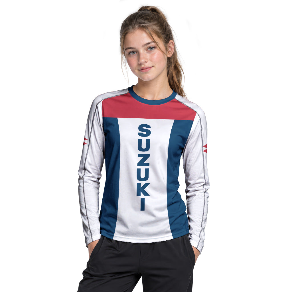 Suzuki Blue White Red Factory Racing Youth Long Sleeve Motocross Jersey – Girl Lifestyle View